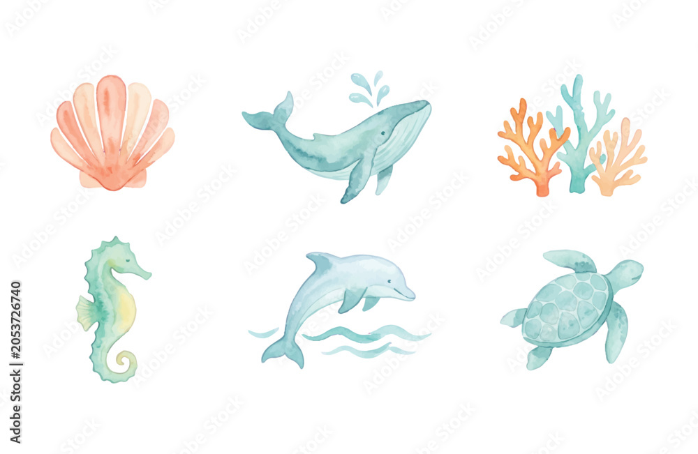 Fototapeta premium Watercolor ocean theme simple clean icons set isolated on white background