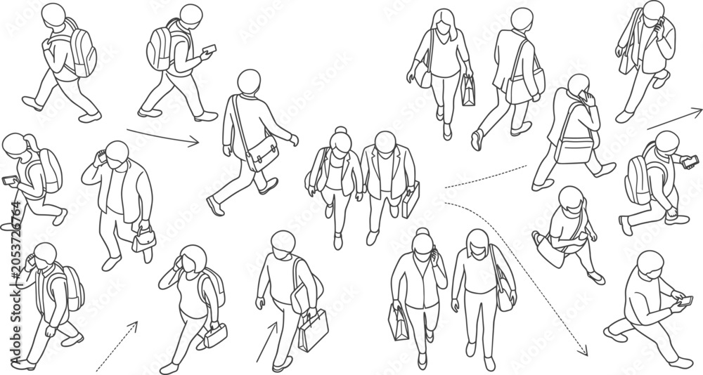 Obraz premium Diverse group of people walking together in an isometric style black and white line drawing