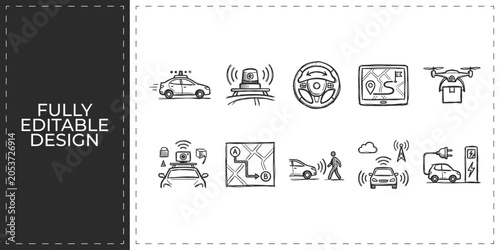 Valokuva Smart city and autonomous driving hand drawn doodle icons set featuring self dri