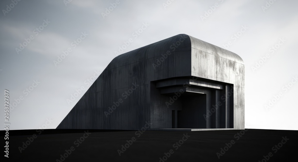 Fototapeta premium Angular brutalist concrete building against a gray sky.