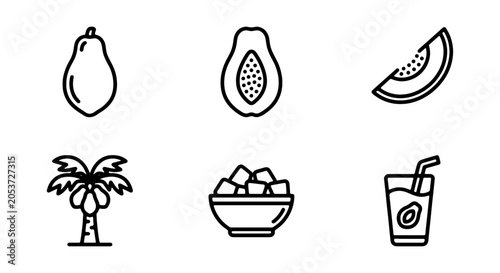 Tableau sur toile Papaya Fruit Icons, Tropical Palm Tree, Food Cubes, Juice Drink, Fresh Produce V