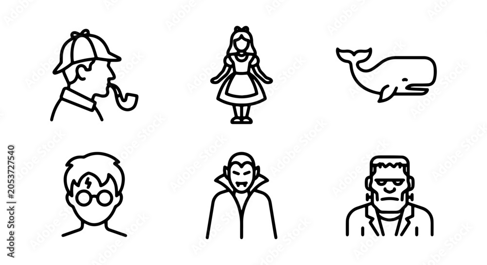 Naklejka premium Icon Set: Literary Characters, Fantasy Figures, Mythical Creatures, Storytelling Icons