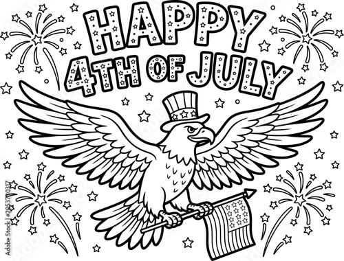 Happy 4th of July Bald Eagle with American Flag Coloring Page
