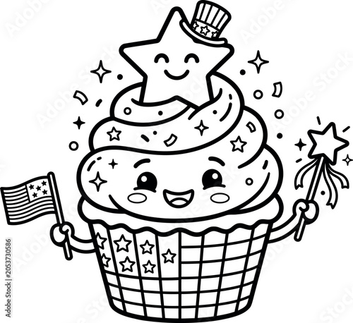 Cute Patriotic Cupcake with Star Topper and American Flags Coloring Page
