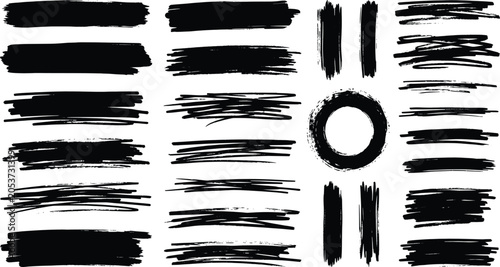 Cuadro en lienzo Black marker brush strokes set, hand drawn ink scribbles and textured highlighte