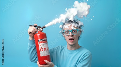 Shocked individual accidentally spraying fire extinguisher foam on his own head. Humorous safety fail and workplace mishap concept.