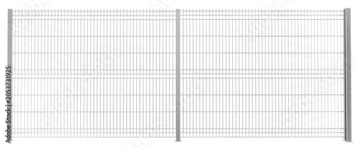 straight front elevation 3d realistic render of a rigid metallic grill mesh security fence panel demonstrating symmetrical wire grid construction for secure commercial facility and property boundaries