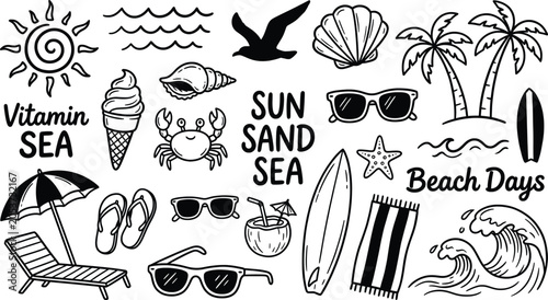 Schilderij op canvas Hand drawn summer beach doodles set, black and white tropical vacation icons, su