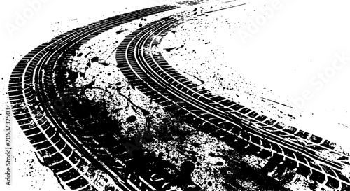 Foto Grunge tire track vector illustration, black ink skid marks on white background,