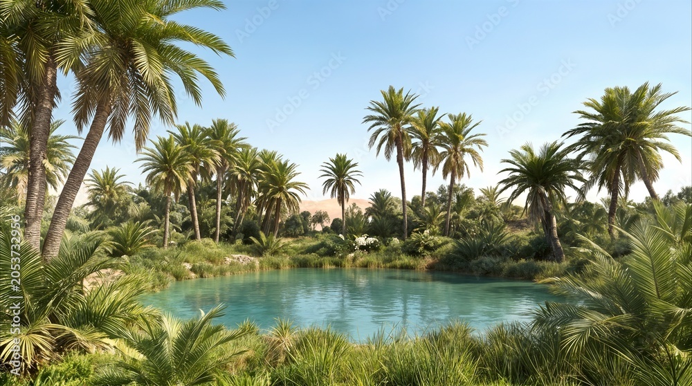 Fototapeta premium Verdant vegetation and date palms encircling a calm pond within a vast sand dune landscape. Remote desert oasis providing a source of water and life in an arid environment.