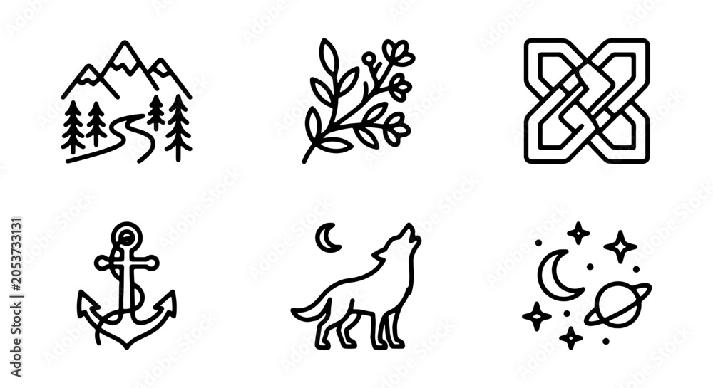 Fototapeta premium Minimalist Nature & Celestial Icons: Mountains, Flowers, Wolf, Anchor, Stars, Geometric