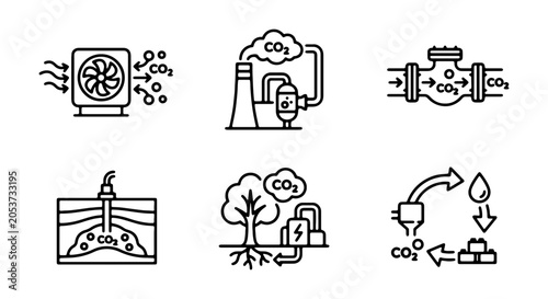 Foto Carbon Capture Icons Set, CO2 Storage, Industrial Emissions, Clean Energy Concep