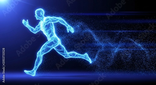 Futuristic glowing neon blue running human silhouette in motion with digital particles and streaks emphasizing speed and energy in a dynamic abstract background