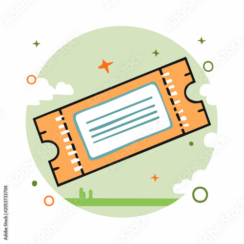 Orange Ticket Illustration with Stars and Clouds