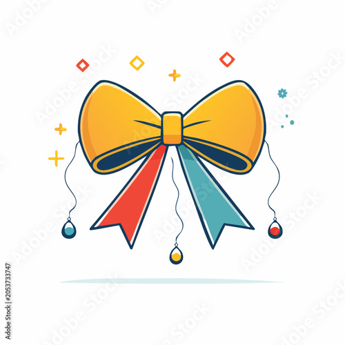 Stylized Bow with Hanging Ornaments and Confetti