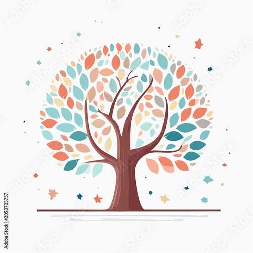 Stylized Tree with Colorful Leaves and Falling Stars