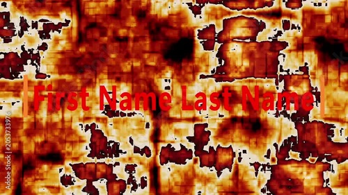 Abstract fiery texture with text first name last name. Creative font presentation element for corporate video title. Fiery background animation for media broadcast.