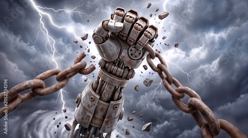 Giant robotic fist breaking heavy metal chains against stormy sky with lightning. Concept of liberation, power, and technological uprising.