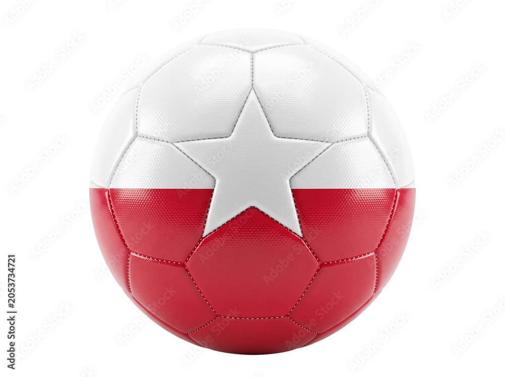 Obraz premium Soccer Ball White and Red with Star Pattern Seam Detail on Textured Synthetic Leather, Sports Equipment Isolated on White Background