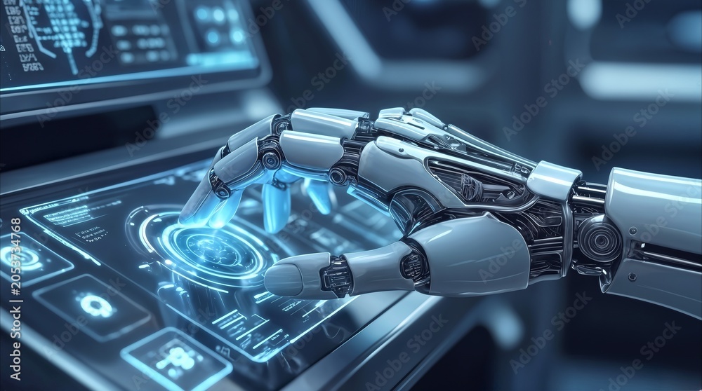 Fototapeta premium Cyborg hand interacting with holographic control panel in futuristic laboratory. Artificial intelligence operating advanced digital interface for data processing and system management.