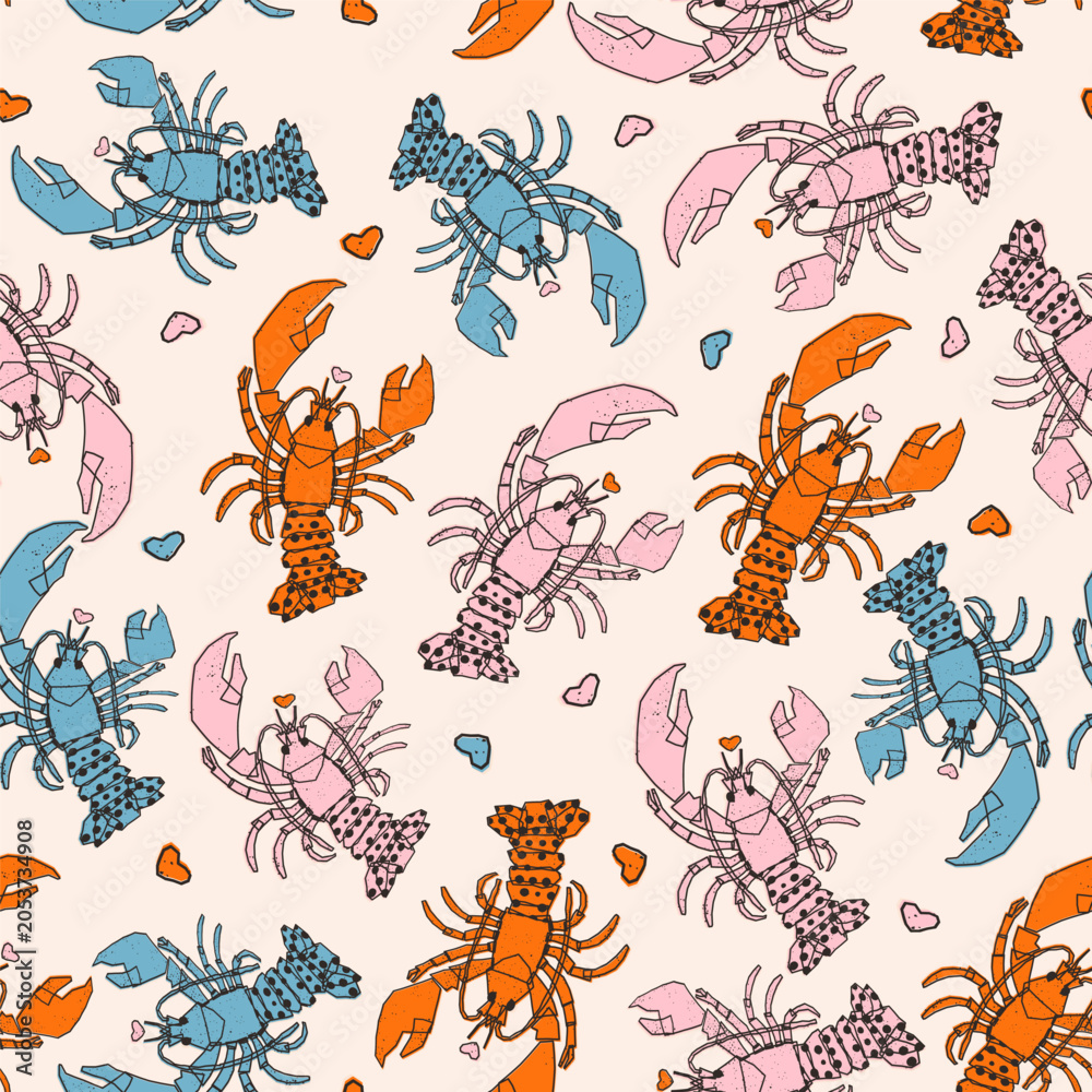 Obraz premium A seamless vector pattern of joyful lobsters in pink, orange and teal with patterned shells and hearts on soft cream background