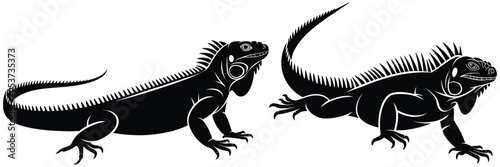 Tableau sur toile Black Iguana Lizard Silhouette Set Featuring Tropical Reptile Poses in Smooth and Spiky Styles, Isolated vector illustration