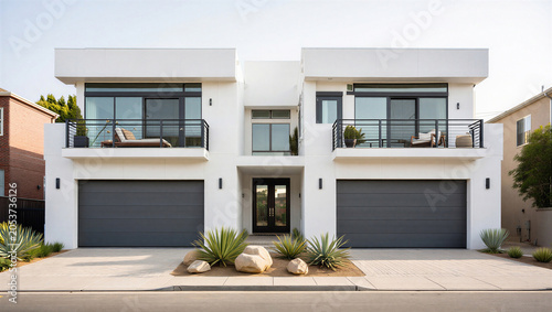 Foto Modern white duplex with garages balconies drought tolerant landscaping duplex h