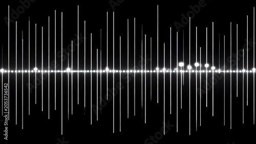 Abstract white neon vertical lines of sound equalizer flickering with bright sparks along horizontal axis. Futuristic technology and cyber audio concept