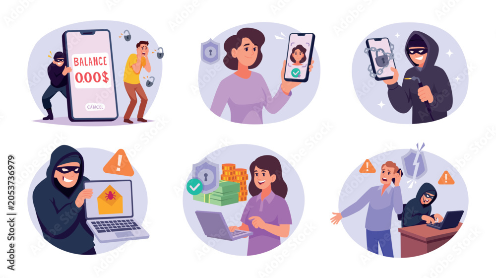 Fototapeta premium Data Protection. Flat vector cybersecurity characters with smartphones shields and online security situations in tech exact design