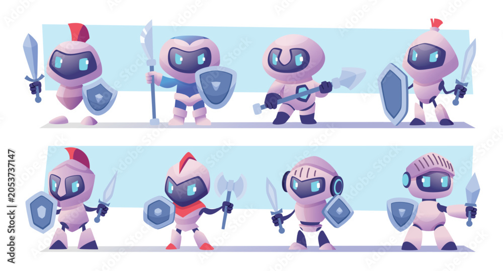 Fototapeta premium Security Robot. Vector cartoon bot with lock shield armor and sword in futuristic exact cybersecurity mascot style
