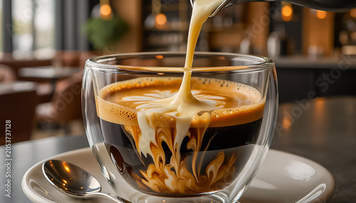 Steaming cup of espresso with crema on saucer.