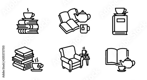 Canvas Print Cozy Reading Icons: Books, Tea, Armchair, Cozy Lifestyle Vector Set