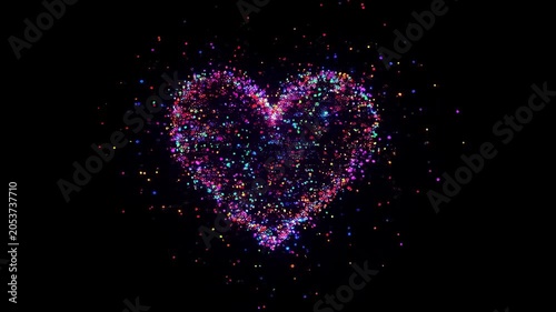 Multicolor neon particle heart glowing and sparkling in cosmic dark space with colorful dust. Vibrant romantic digital art concept
