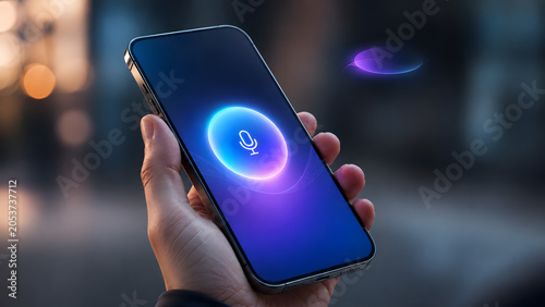 Hand holding smartphone with glowing microphone voice assistant app interface. Smart AI chat bot control, mobile digital speech recognition technology, audio communication screen icon.