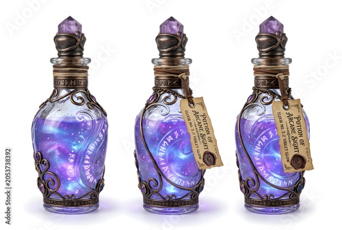 Three decorative purple potion bottles with ornate metal frames and aged tags