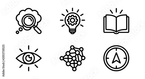 Set of 6 Icons: Idea, Research, Knowledge, Vision, Network, Navigation. Vector Graphics.