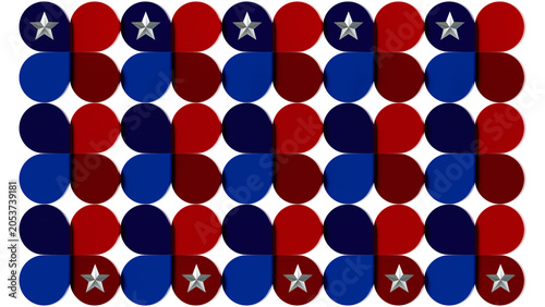 Red and blue metallic geometric leaves with silver stars. Abstract background in a shiny 3D illustration style.