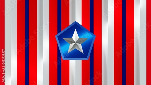 Metallic blue pentagon and a silver star layered over vertical red, blue, and silver stripes, rendered in a 3D abstract style..