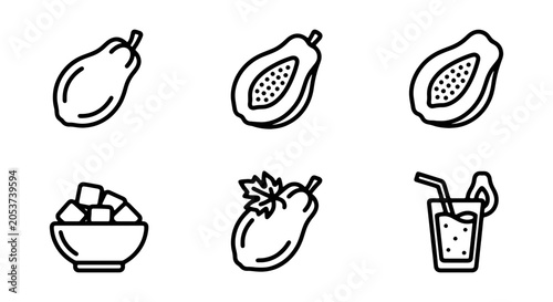 Tableau sur toile Papaya Icons Set: Whole Fruit, Halved, Cubes, Juice Drink, Vector Graphics