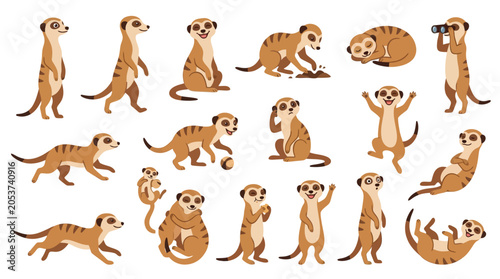 Obraz na plátně Collection of cute meerkats in various poses and activities, isolated on a white background