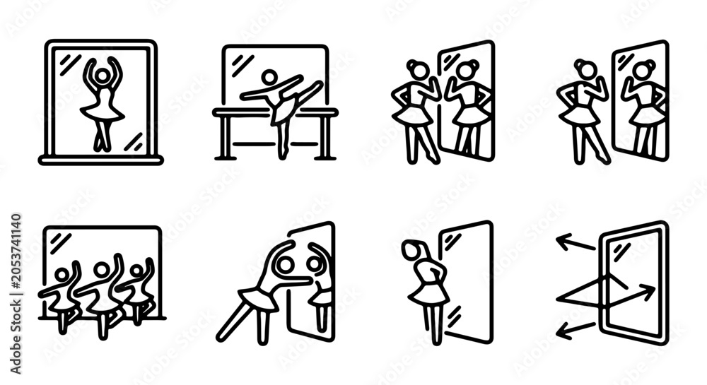 Fototapeta premium Ballet Dancer Icons, Dance Studio Mirror, Practice Poses, Mirror Reflection