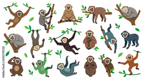 Photography Collection of cute cartoon monkeys in various poses and activities, swinging, sitting, and sleeping in trees with green leaves