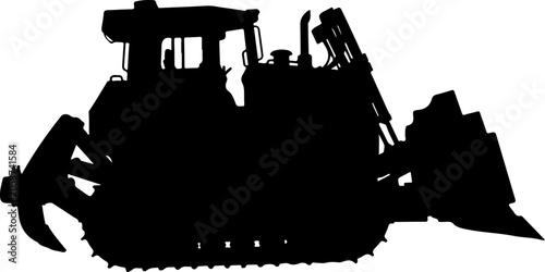 Heavy duty bulldozer silhouette, construction equipment icon, industrial tractor vector, earthmoving machine