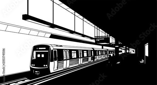 Monochrome subway train, urban transportation, metro line, black and white illustration