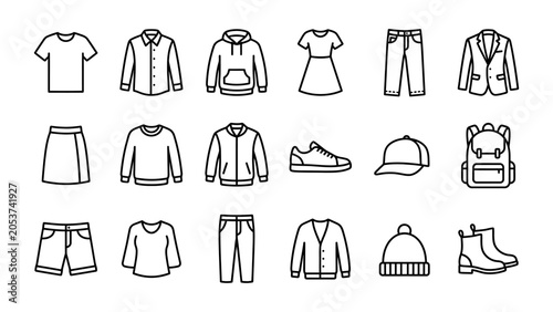 Clothing and apparel vector line icon set with t-shirt hoodie jacket pants shoes and accessories for fashion retail and e-commerce web design