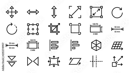 Obraz na płótnie Vector icon set of graphic design transformation tools featuring resize rotate c