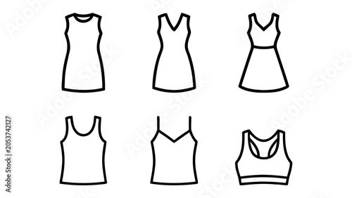 Bild auf Leinwand Women's clothing line icons set featuring dresses, tank tops, camisole, and spor