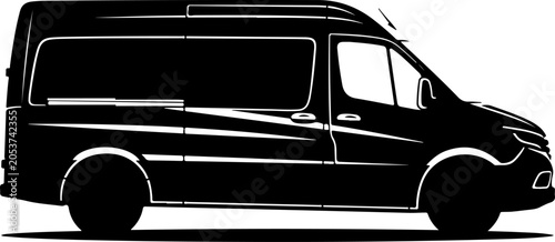 Black van silhouette, side view, vector illustration, transportation icon