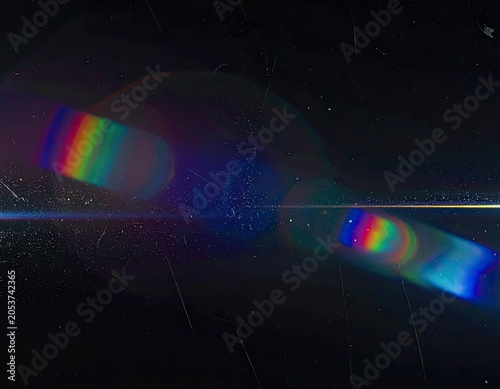 Abstract, colorful light flares and dust motes against a dark, scratched background
