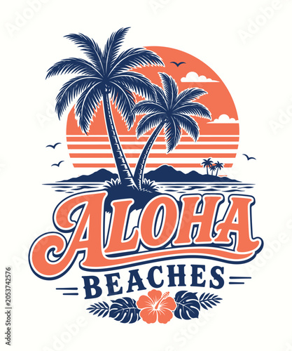  Aloha Beaches Tropical Palm Sunset Summer T Shirt Design Vintage Vector